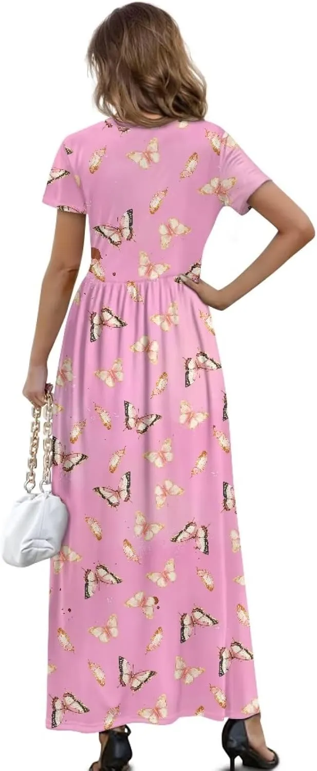 Short Sleeve Dress for Women Crew Neck A-Line Dress with Pockets Causal Long Sundress Summer Beach Clothes