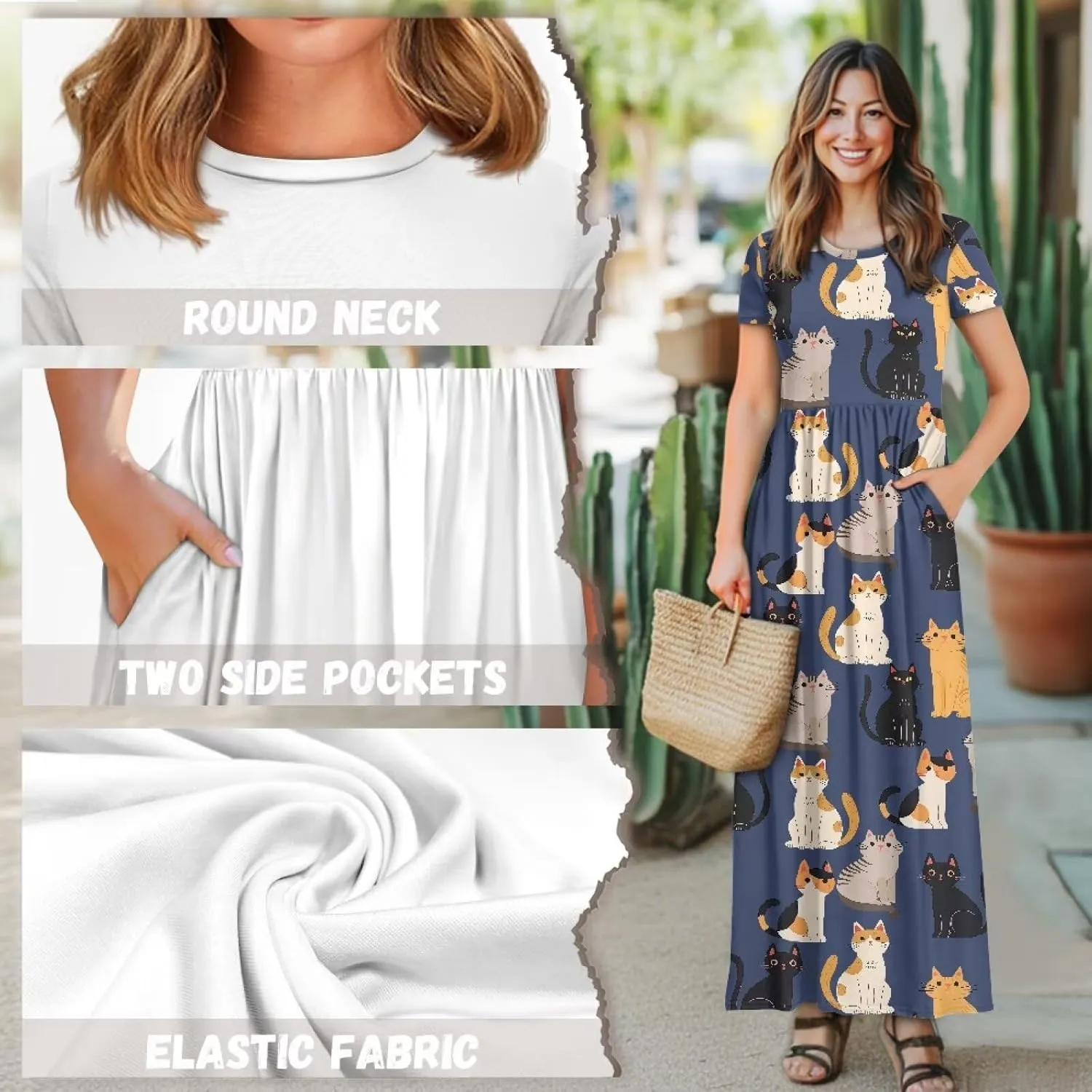 Short Sleeve Dress for Women Crew Neck A-Line Dress with Pockets Causal Long Sundress Summer Beach Clothes