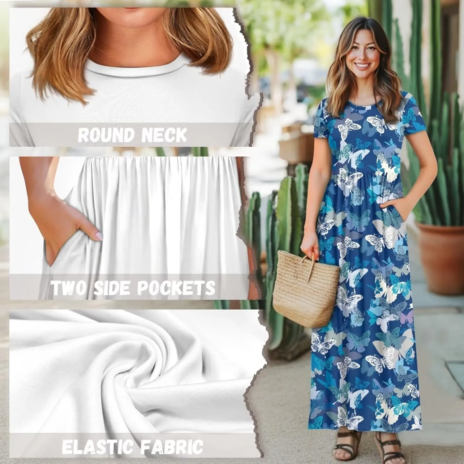 Short Sleeve Dress for Women Crew Neck A-Line Dress with Pockets Causal Long Sundress Summer Beach Clothes