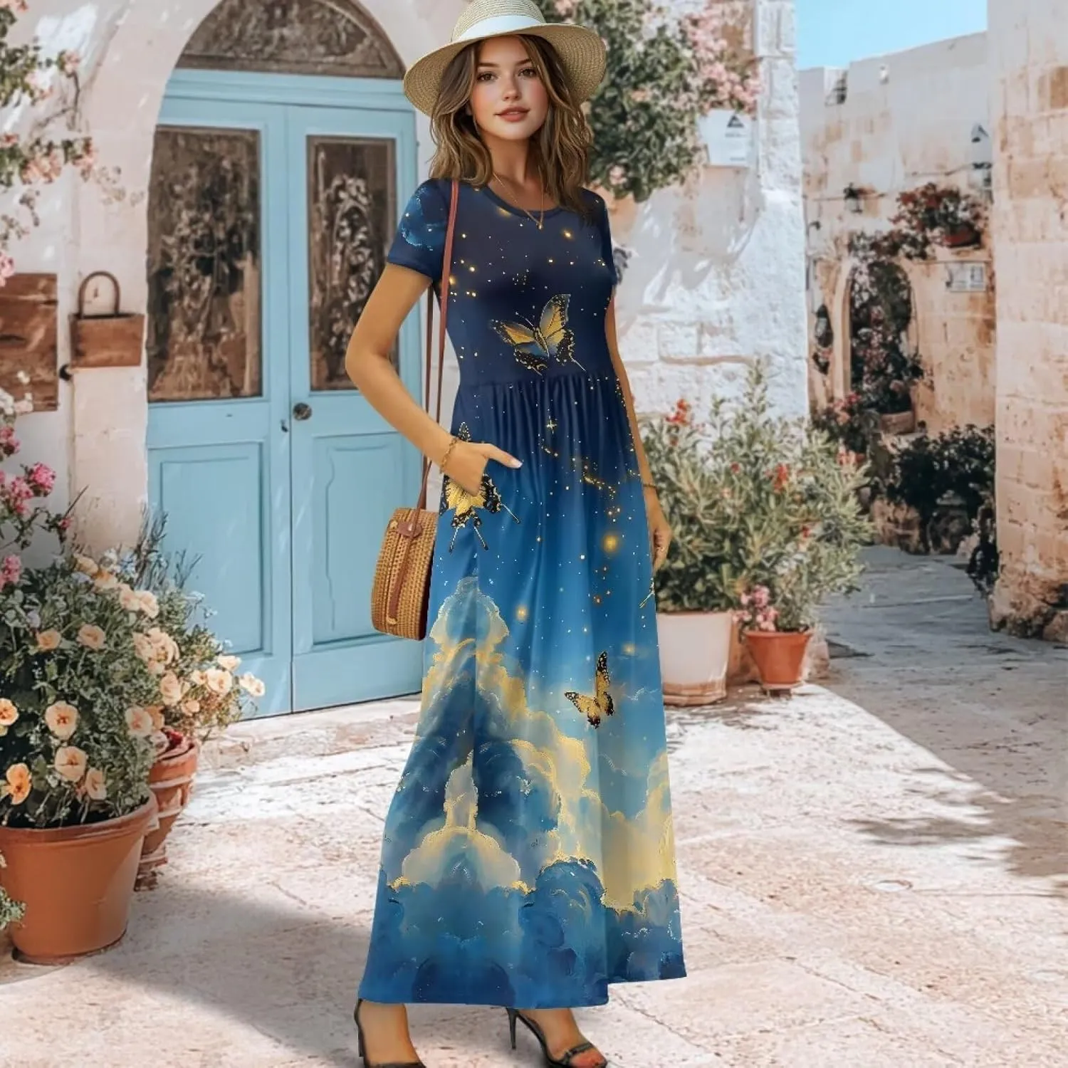 Short Sleeve Dress for Women Crew Neck A-Line Dress with Pockets Causal Long Sundress Summer Beach Clothes