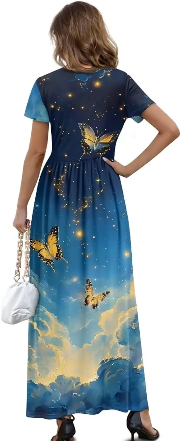 Short Sleeve Dress for Women Crew Neck A-Line Dress with Pockets Causal Long Sundress Summer Beach Clothes