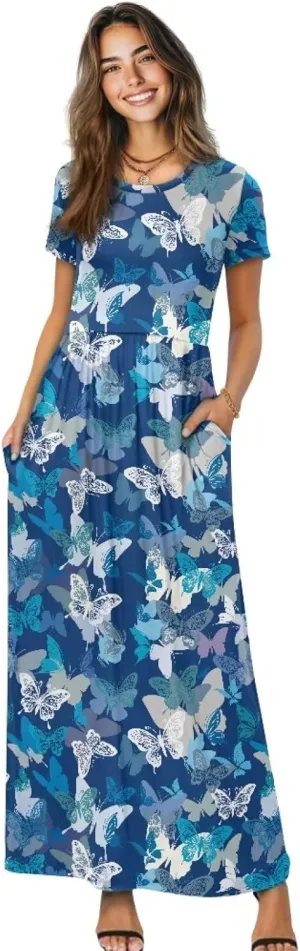 Short Sleeve Dress for Women Crew Neck A-Line Dress with Pockets Causal Long Sundress Summer Beach Clothes
