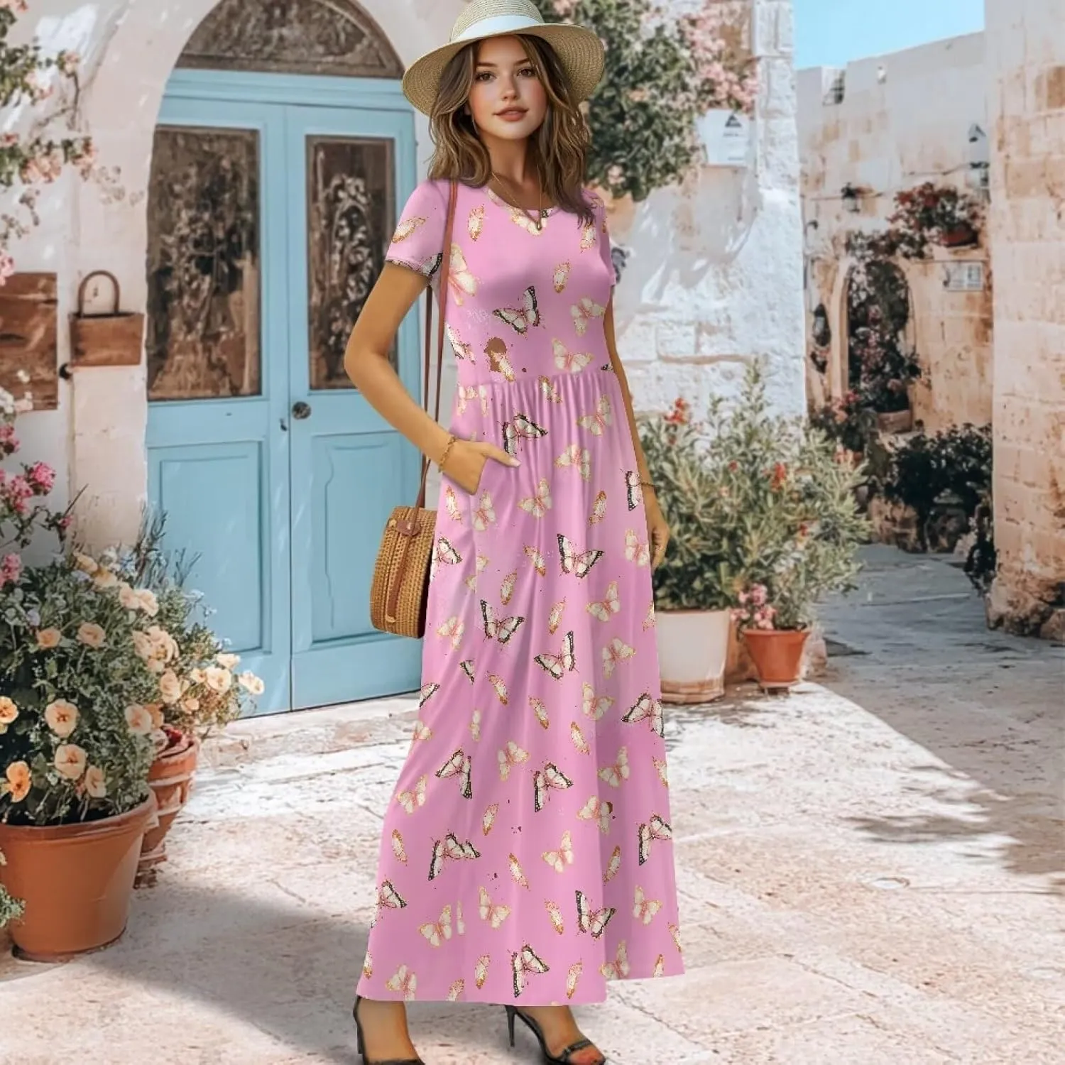 Short Sleeve Dress for Women Crew Neck A-Line Dress with Pockets Causal Long Sundress Summer Beach Clothes