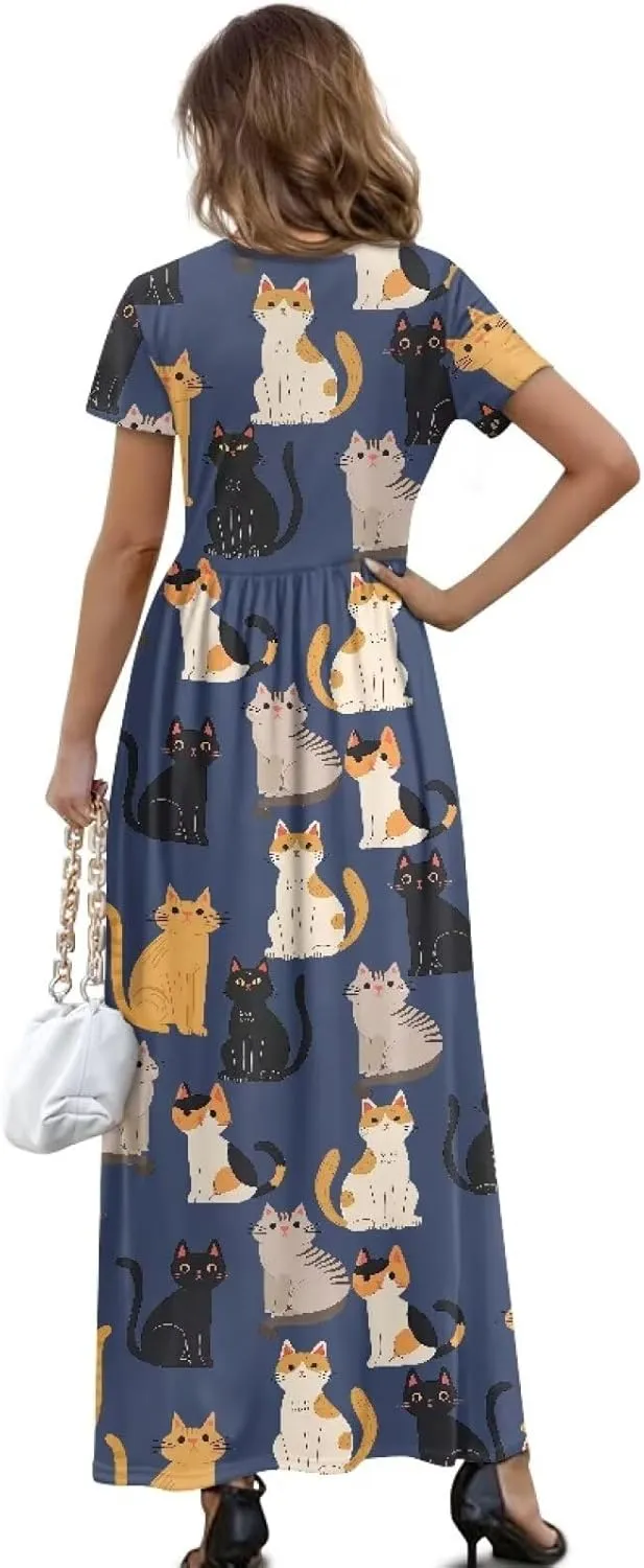 Short Sleeve Dress for Women Crew Neck A-Line Dress with Pockets Causal Long Sundress Summer Beach Clothes
