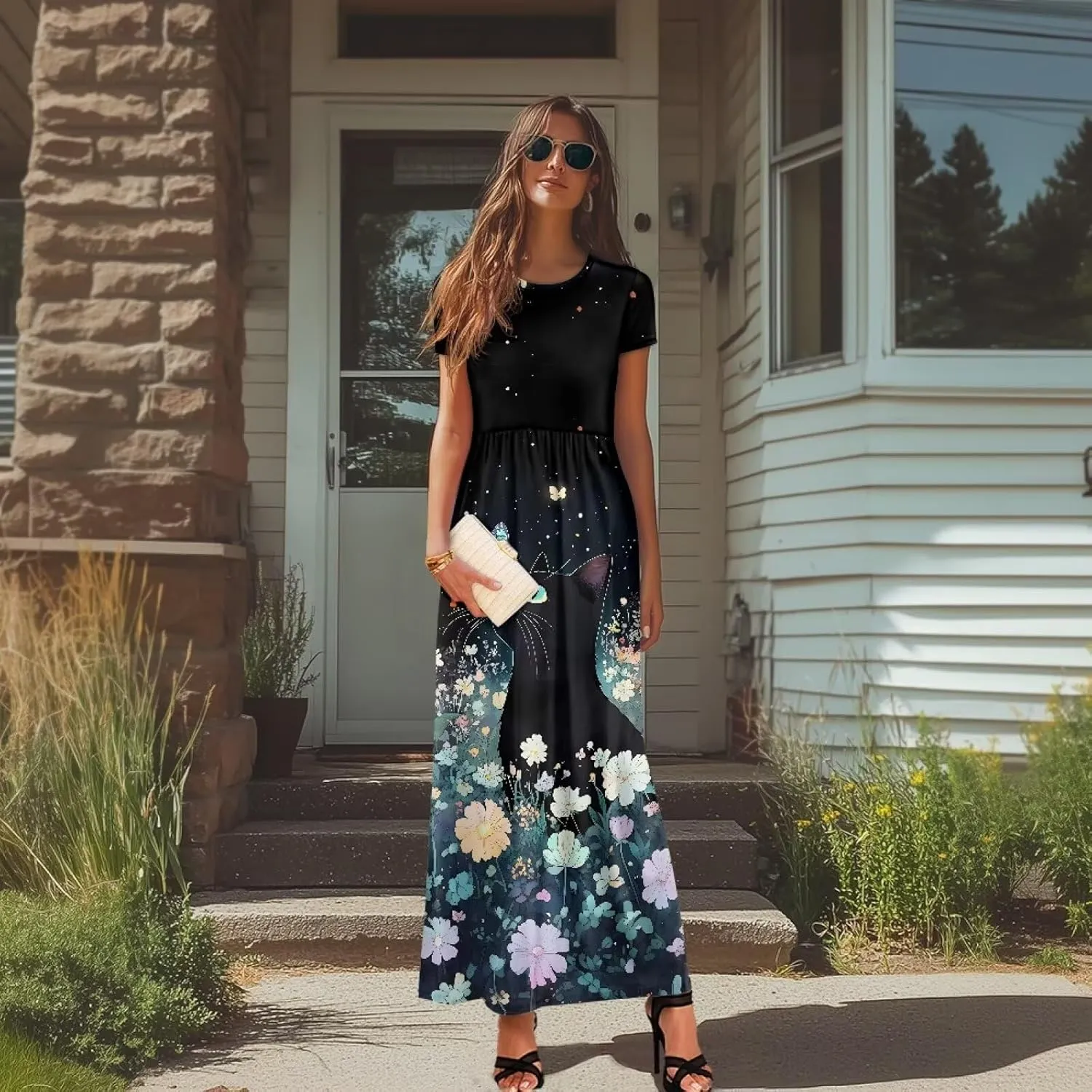 Short Sleeve Dress for Women Crew Neck A-Line Dress with Pockets Causal Long Sundress Summer Beach Clothes