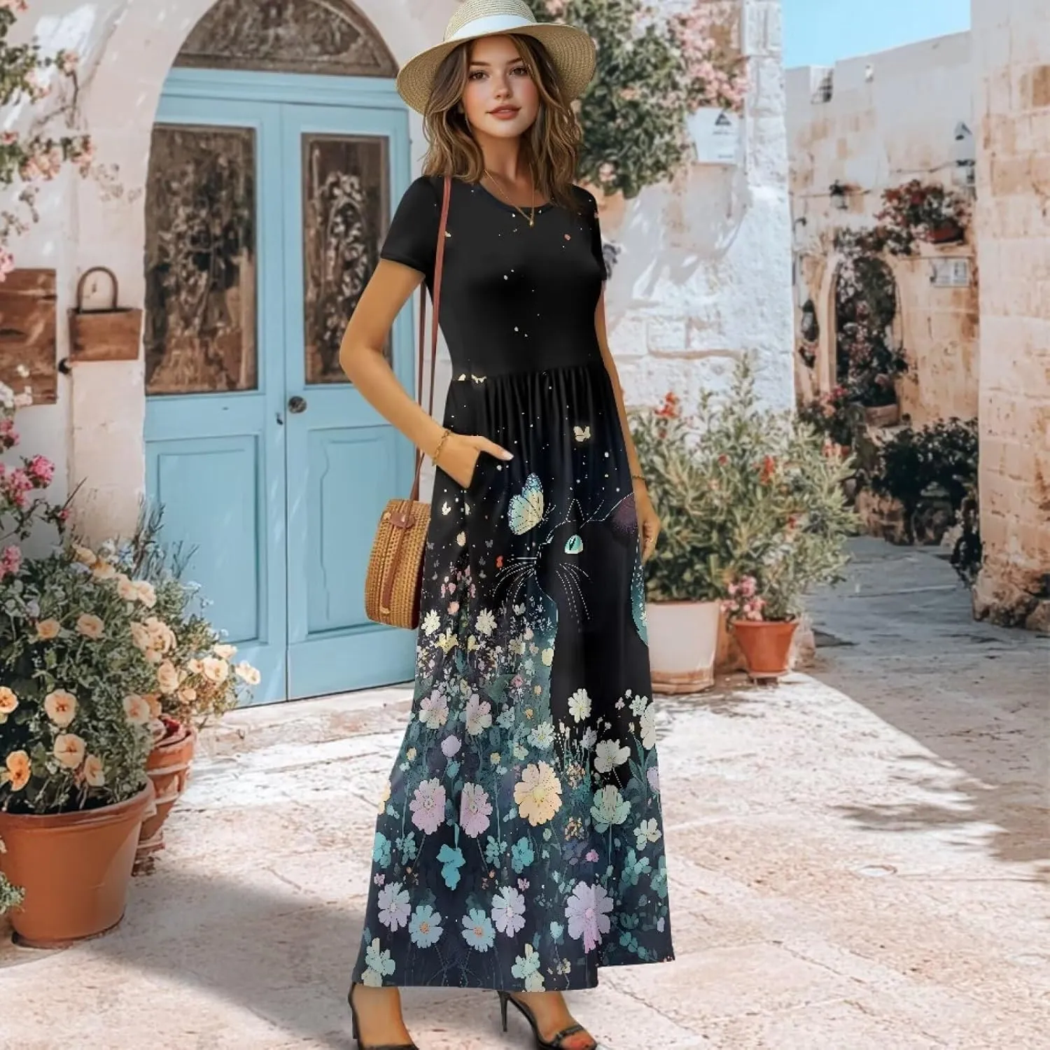 Short Sleeve Dress for Women Crew Neck A-Line Dress with Pockets Causal Long Sundress Summer Beach Clothes