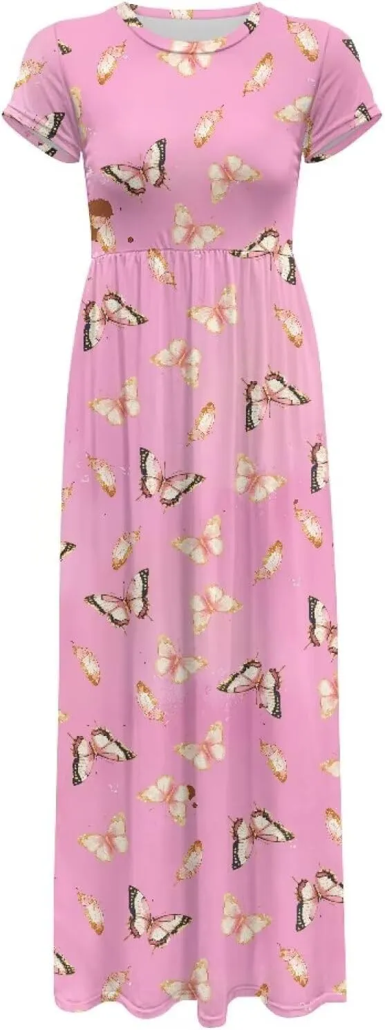 Short Sleeve Dress for Women Crew Neck A-Line Dress with Pockets Causal Long Sundress Summer Beach Clothes