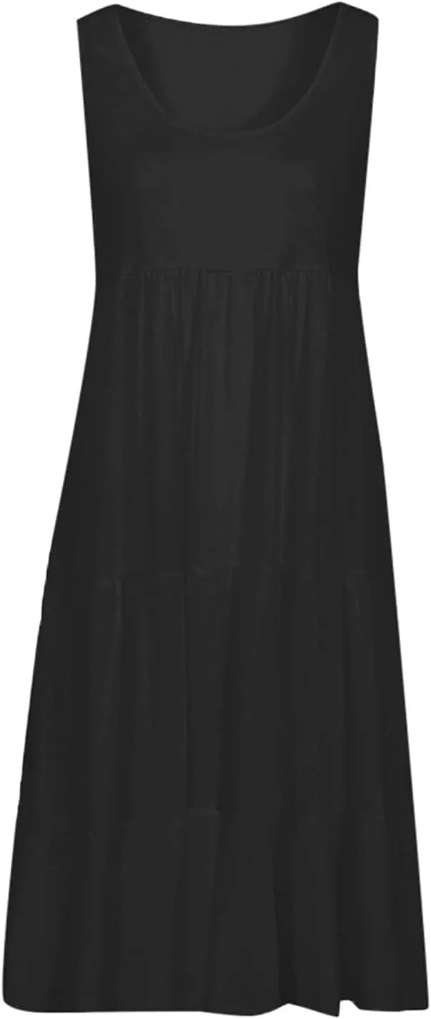 Sleeveless Sundress for Women Round Neck Pleated Ruffle Hem Midi Dress Summer Beach Vacation Casual Tank Dress