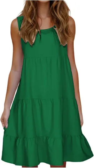 Sleeveless Sundress for Women Round Neck Pleated Ruffle Hem Midi Dress Summer Beach Vacation Casual Tank Dress