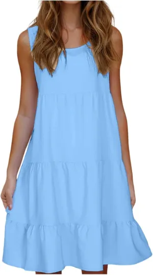 Sleeveless Sundress for Women Round Neck Pleated Ruffle Hem Midi Dress Summer Beach Vacation Casual Tank Dress