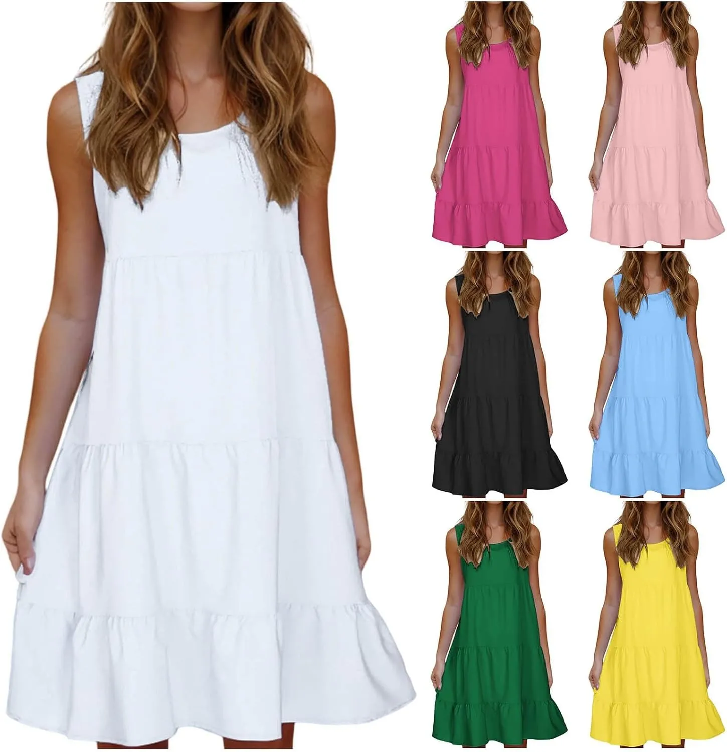 Sleeveless Sundress for Women Round Neck Pleated Ruffle Hem Midi Dress Summer Beach Vacation Casual Tank Dress