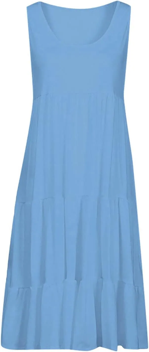 Sleeveless Sundress for Women Round Neck Pleated Ruffle Hem Midi Dress Summer Beach Vacation Casual Tank Dress