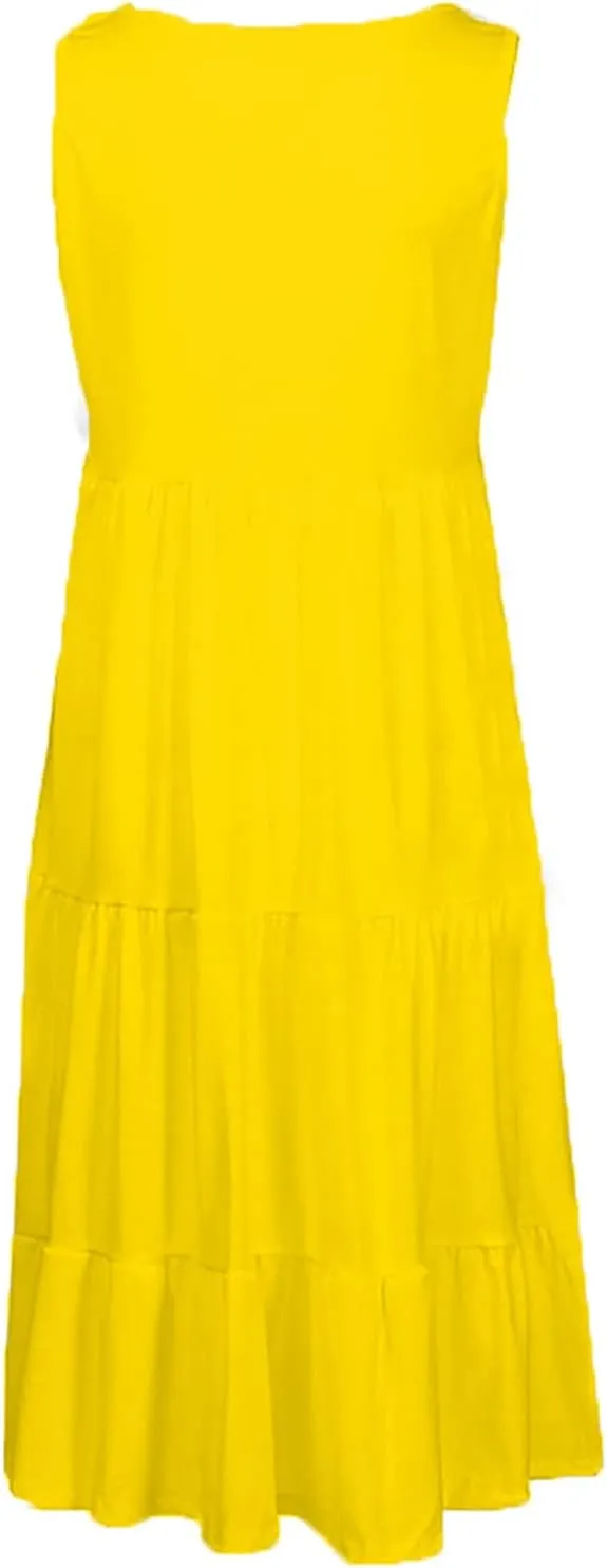 Sleeveless Sundress for Women Round Neck Pleated Ruffle Hem Midi Dress Summer Beach Vacation Casual Tank Dress