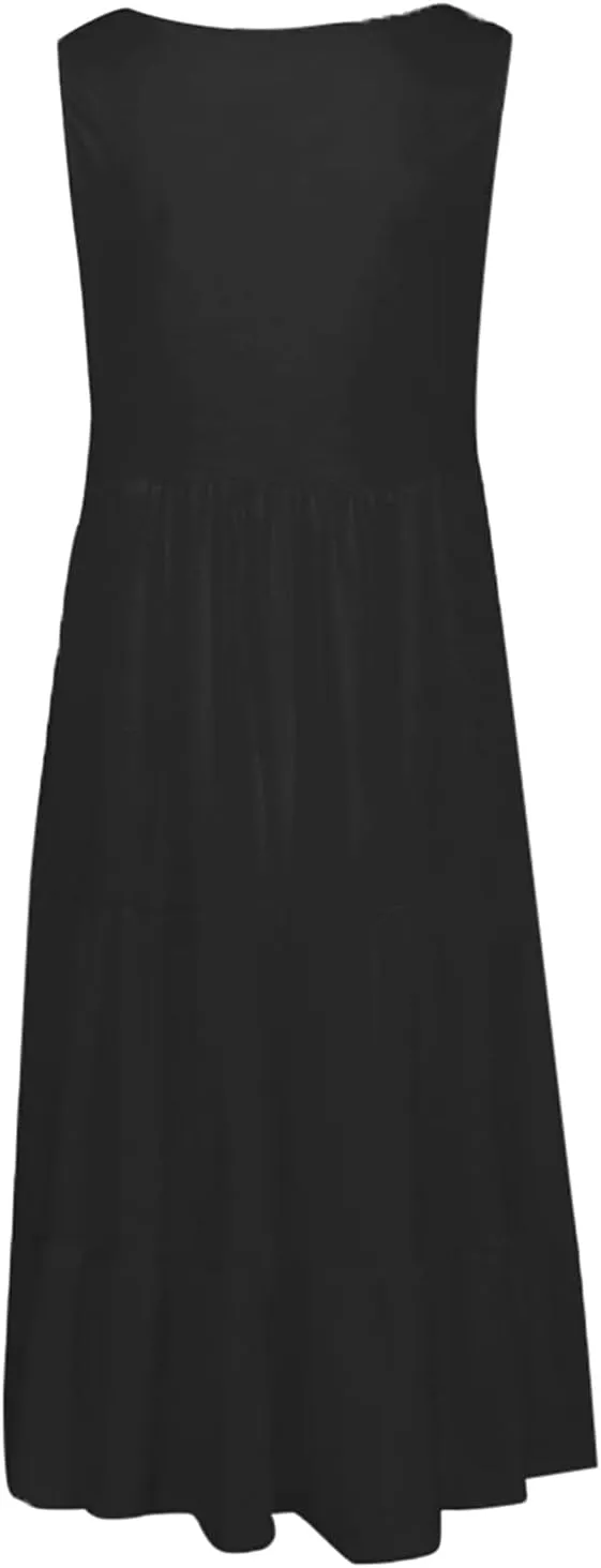 Sleeveless Sundress for Women Round Neck Pleated Ruffle Hem Midi Dress Summer Beach Vacation Casual Tank Dress
