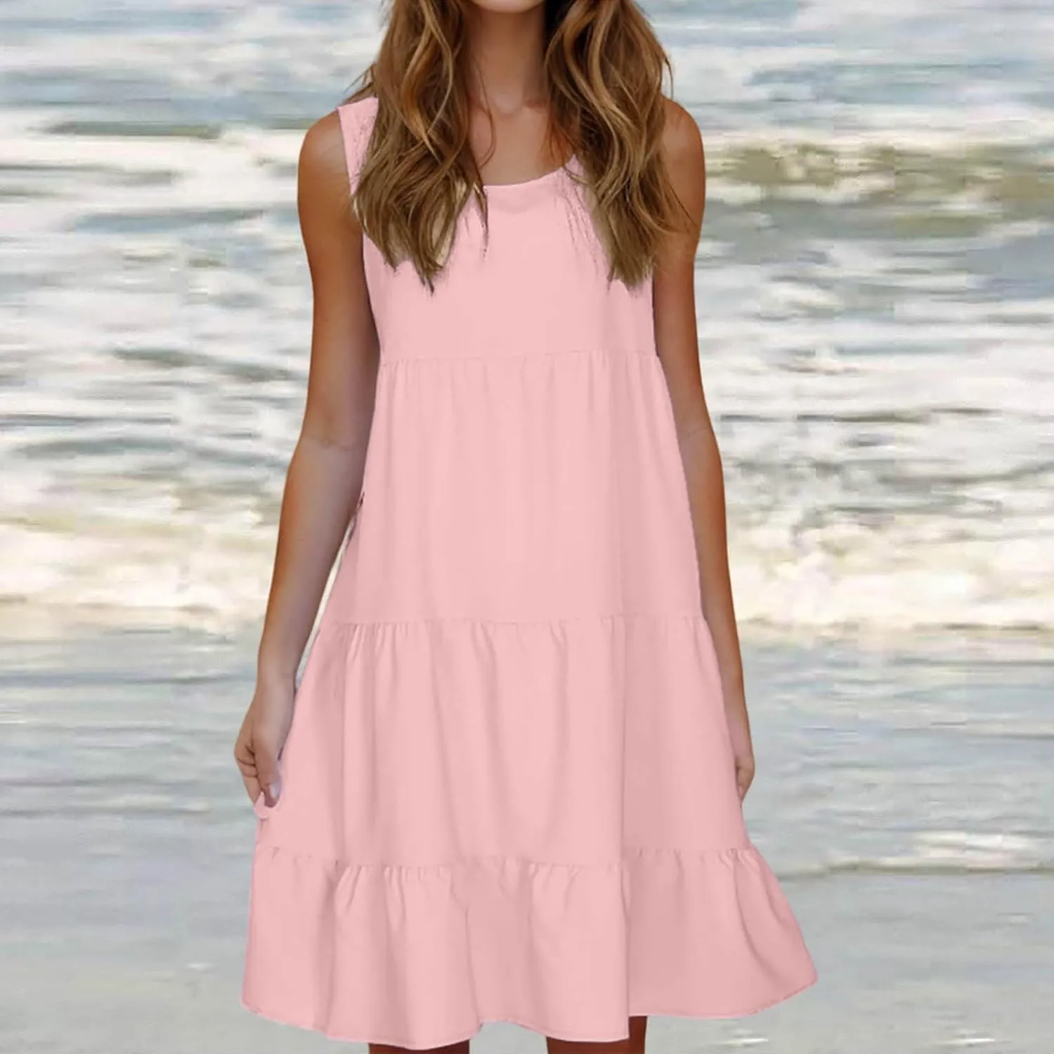 Sleeveless Sundress for Women Round Neck Pleated Ruffle Hem Midi Dress Summer Beach Vacation Casual Tank Dress