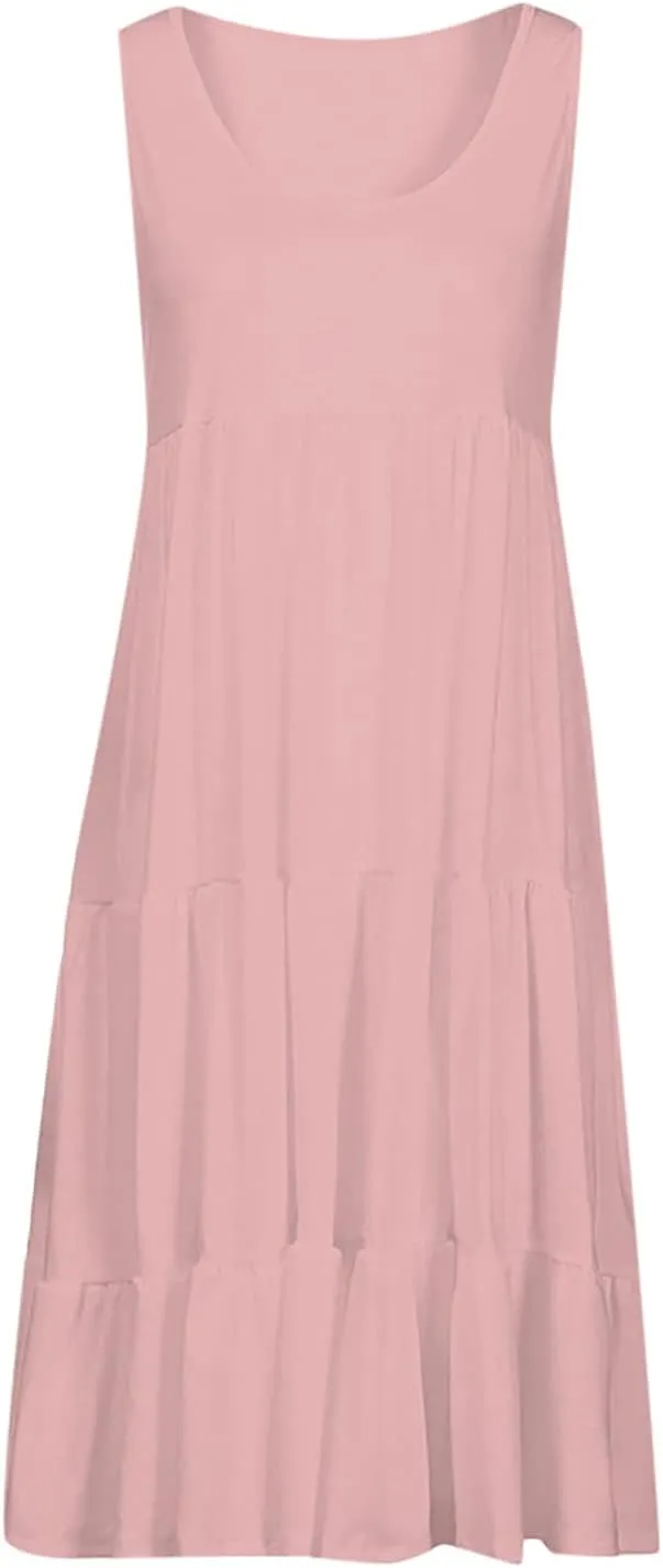 Sleeveless Sundress for Women Round Neck Pleated Ruffle Hem Midi Dress Summer Beach Vacation Casual Tank Dress