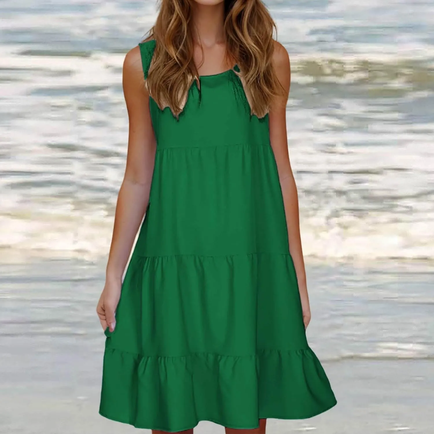 Sleeveless Sundress for Women Round Neck Pleated Ruffle Hem Midi Dress Summer Beach Vacation Casual Tank Dress