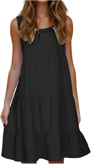 Sleeveless Sundress for Women Round Neck Pleated Ruffle Hem Midi Dress Summer Beach Vacation Casual Tank Dress