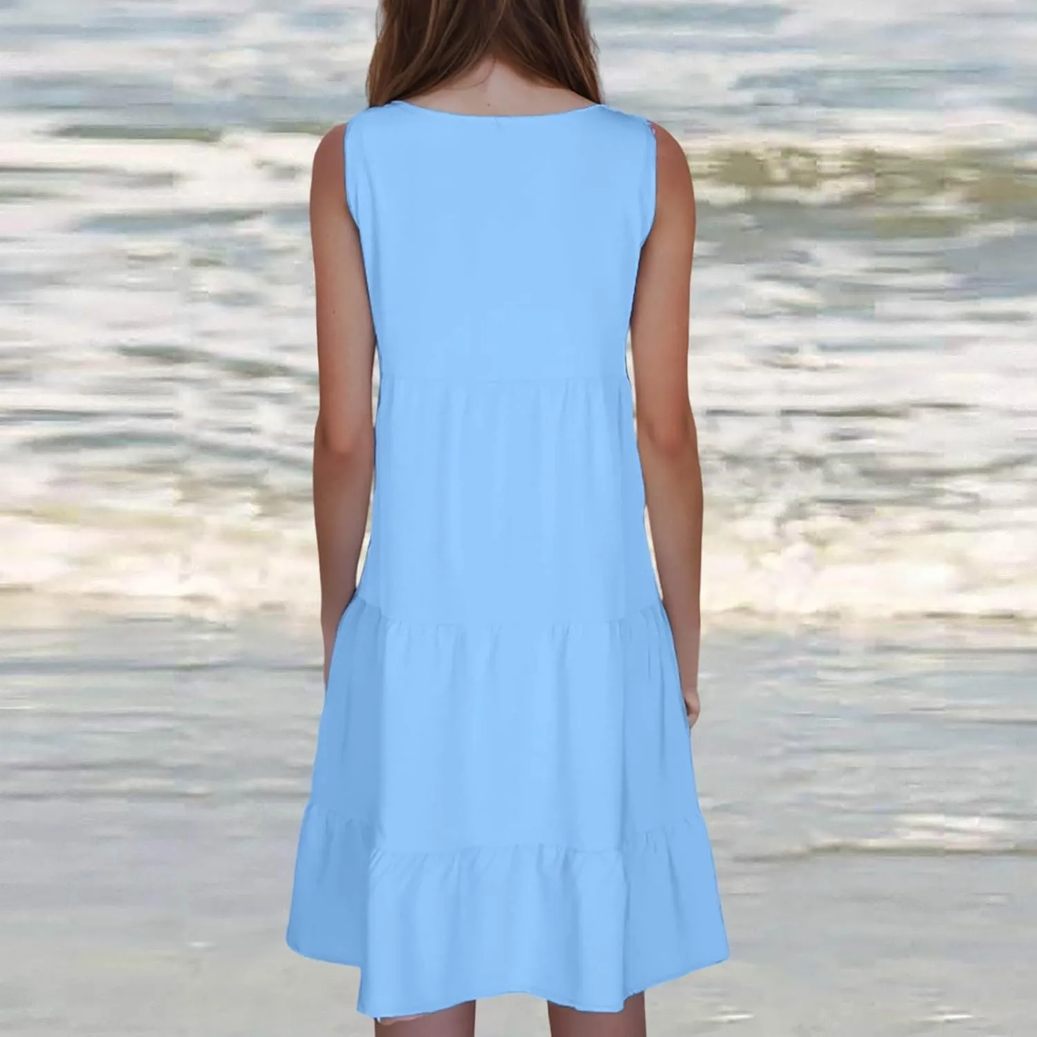 Sleeveless Sundress for Women Round Neck Pleated Ruffle Hem Midi Dress Summer Beach Vacation Casual Tank Dress