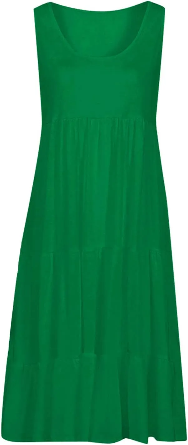 Sleeveless Sundress for Women Round Neck Pleated Ruffle Hem Midi Dress Summer Beach Vacation Casual Tank Dress