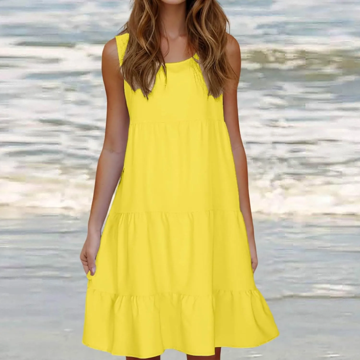 Sleeveless Sundress for Women Round Neck Pleated Ruffle Hem Midi Dress Summer Beach Vacation Casual Tank Dress