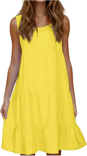 Sleeveless Sundress for Women Round Neck Pleated Ruffle Hem Midi Dress Summer Beach Vacation Casual Tank Dress