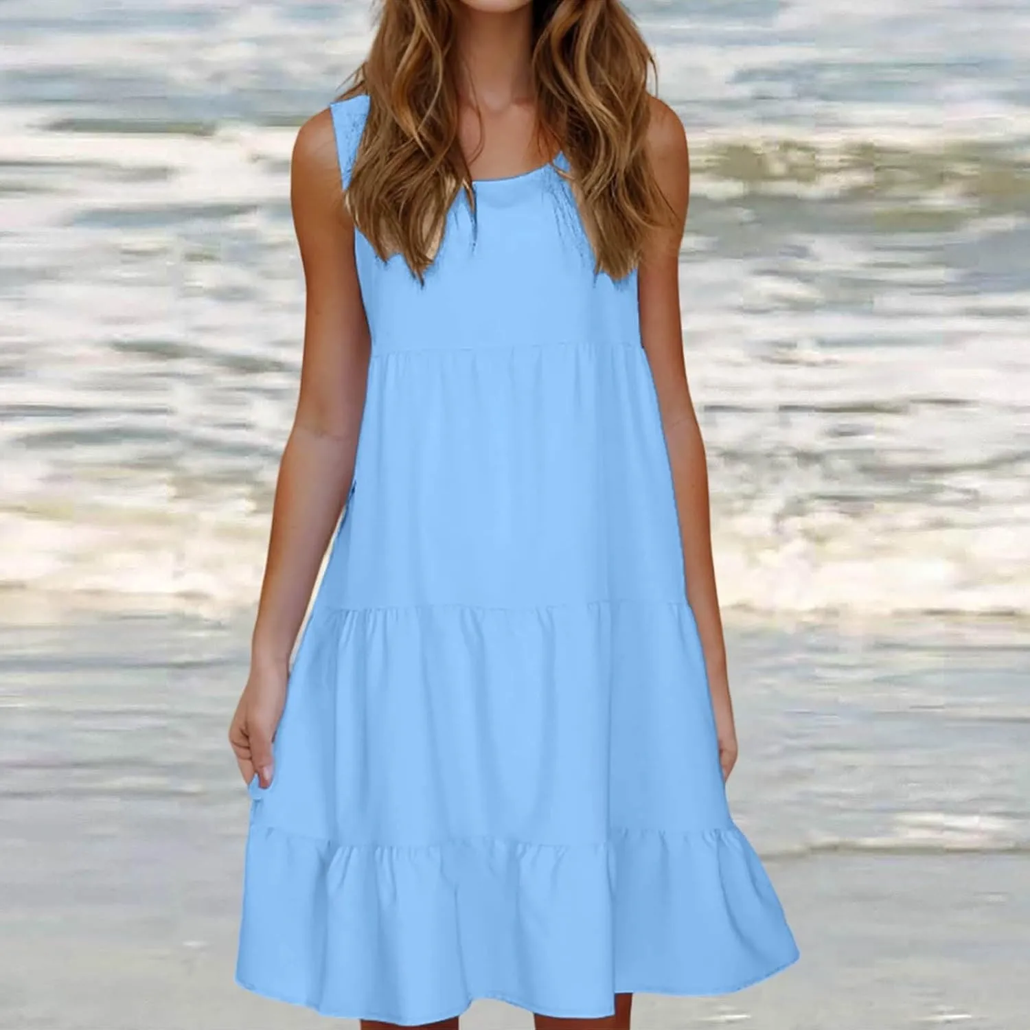 Sleeveless Sundress for Women Round Neck Pleated Ruffle Hem Midi Dress Summer Beach Vacation Casual Tank Dress