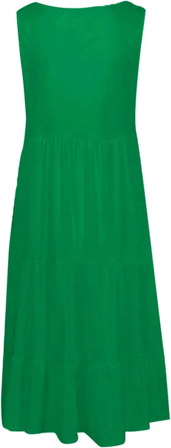 Sleeveless Sundress for Women Round Neck Pleated Ruffle Hem Midi Dress Summer Beach Vacation Casual Tank Dress