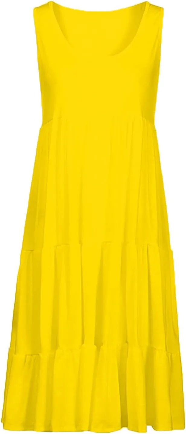 Sleeveless Sundress for Women Round Neck Pleated Ruffle Hem Midi Dress Summer Beach Vacation Casual Tank Dress