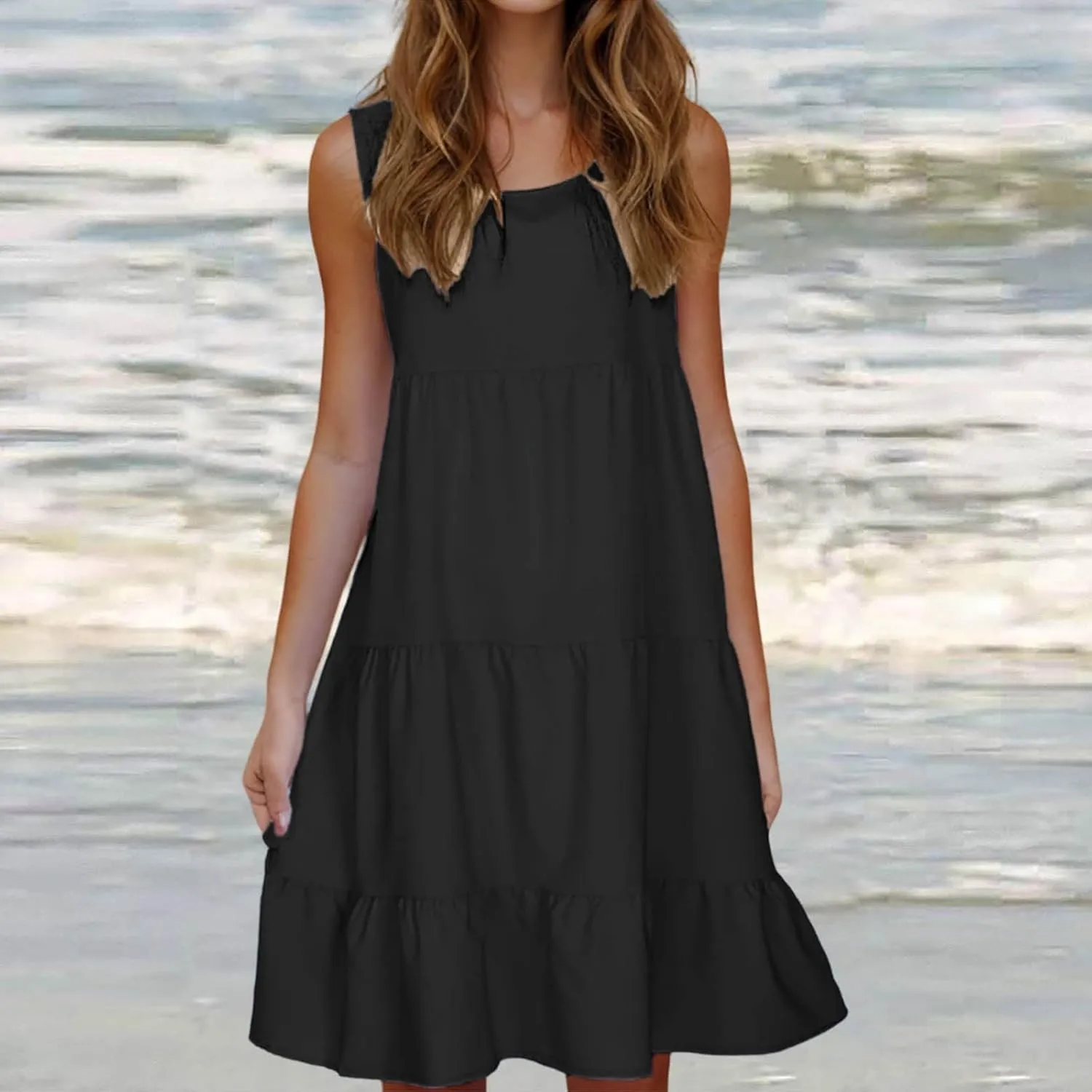 Sleeveless Sundress for Women Round Neck Pleated Ruffle Hem Midi Dress Summer Beach Vacation Casual Tank Dress