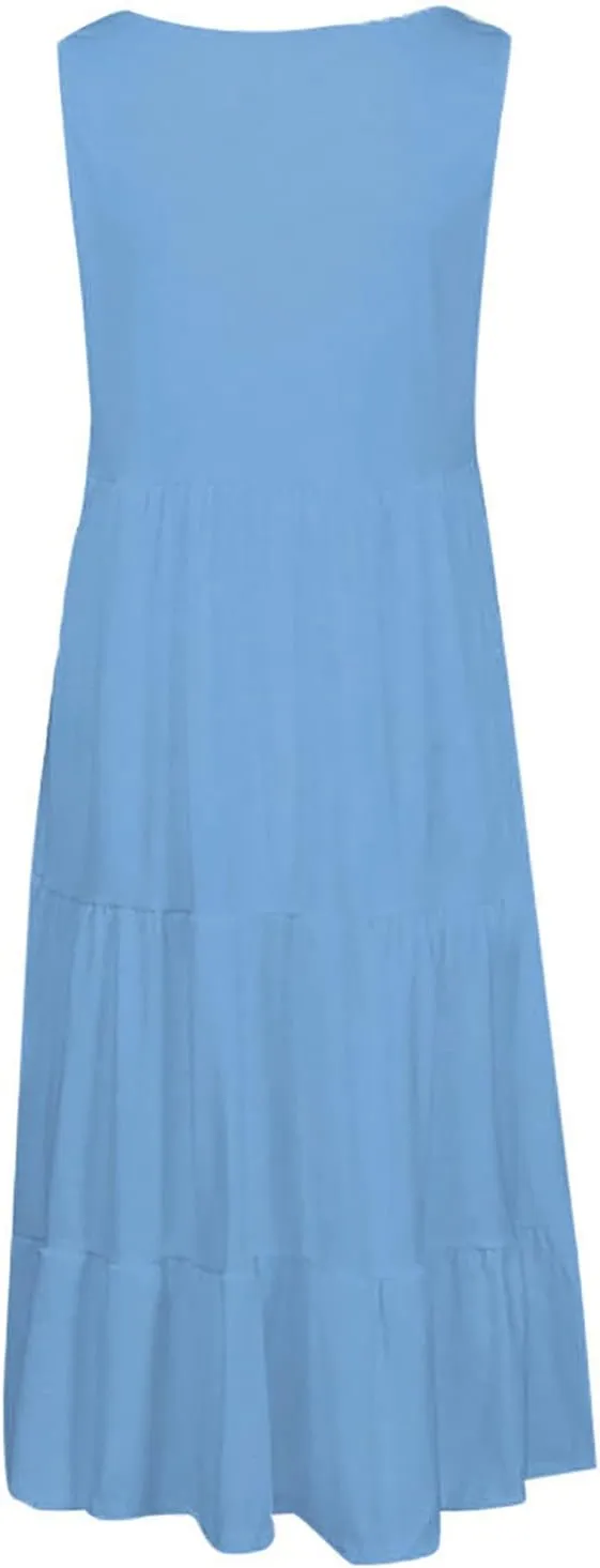 Sleeveless Sundress for Women Round Neck Pleated Ruffle Hem Midi Dress Summer Beach Vacation Casual Tank Dress