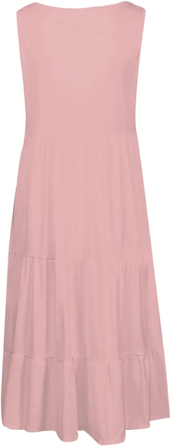 Sleeveless Sundress for Women Round Neck Pleated Ruffle Hem Midi Dress Summer Beach Vacation Casual Tank Dress