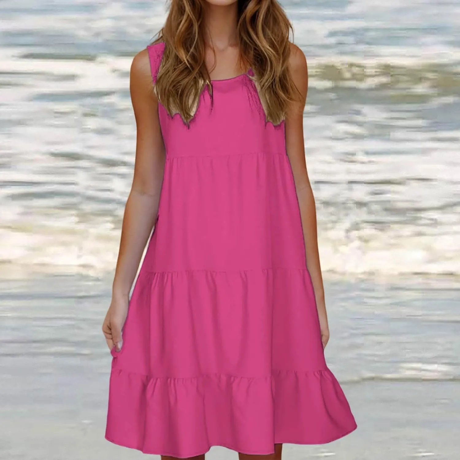 Sleeveless Sundress for Women Round Neck Pleated Ruffle Hem Midi Dress Summer Beach Vacation Casual Tank Dress