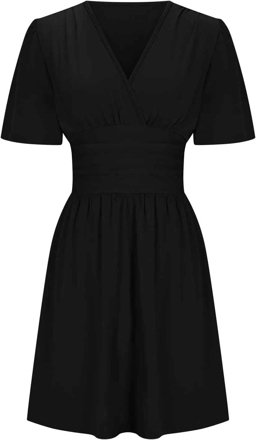 Summer Dress for Women V Neck Ruffle Sleeve Beach Sundress Dating Out Wedding Guest Empire Waist Flowy Mini Dress