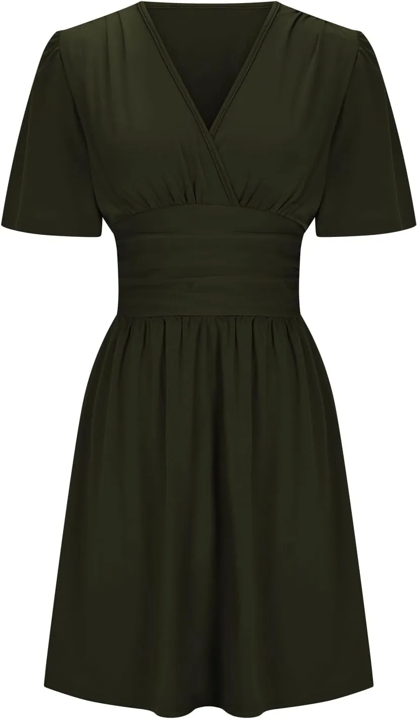 Summer Dress for Women V Neck Ruffle Sleeve Beach Sundress Dating Out Wedding Guest Empire Waist Flowy Mini Dress