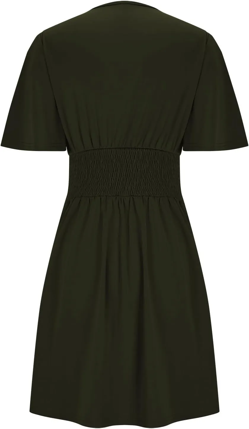 Summer Dress for Women V Neck Ruffle Sleeve Beach Sundress Dating Out Wedding Guest Empire Waist Flowy Mini Dress