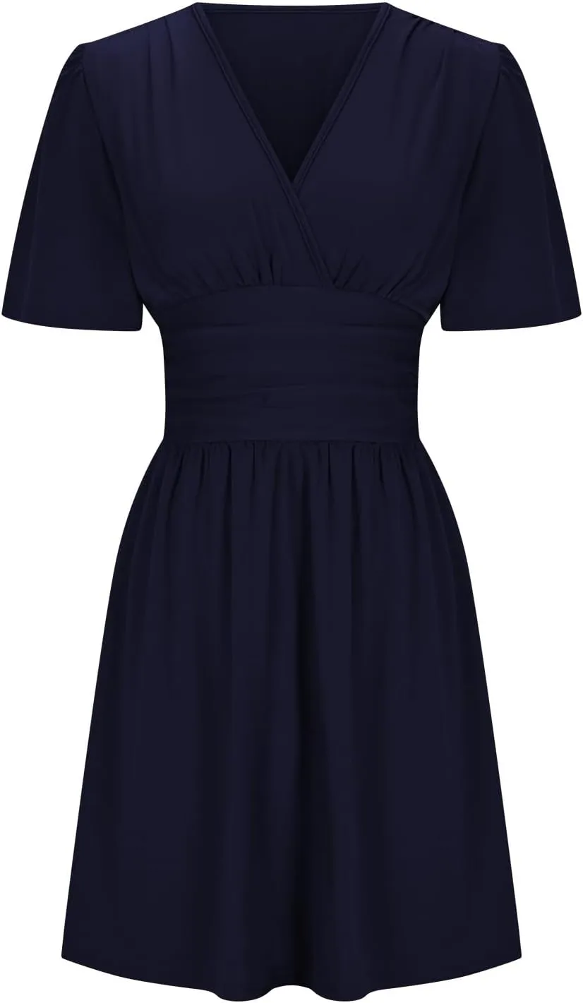 Summer Dress for Women V Neck Ruffle Sleeve Beach Sundress Dating Out Wedding Guest Empire Waist Flowy Mini Dress