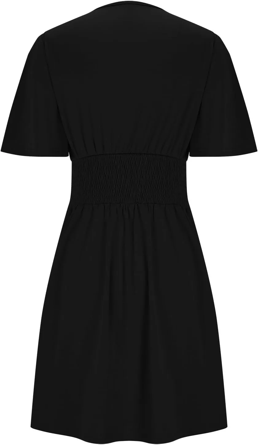 Summer Dress for Women V Neck Ruffle Sleeve Beach Sundress Dating Out Wedding Guest Empire Waist Flowy Mini Dress