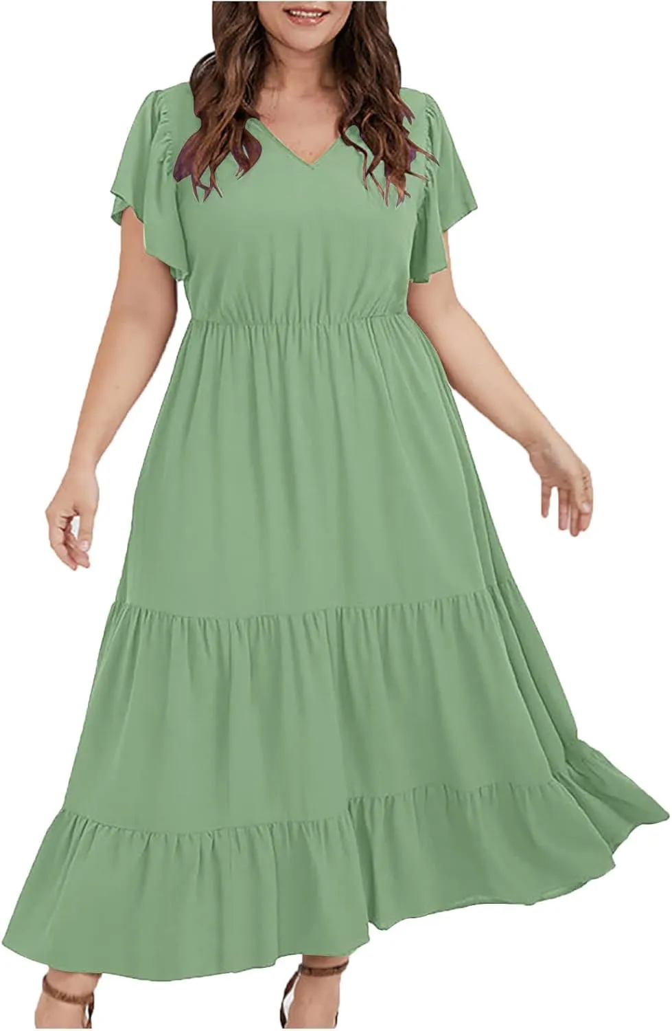 Summer Dresses for Women V Neck Ruffle Sleeve Casual Dress Beach Party Tropical Vacation Patchwork Maxi Sundress