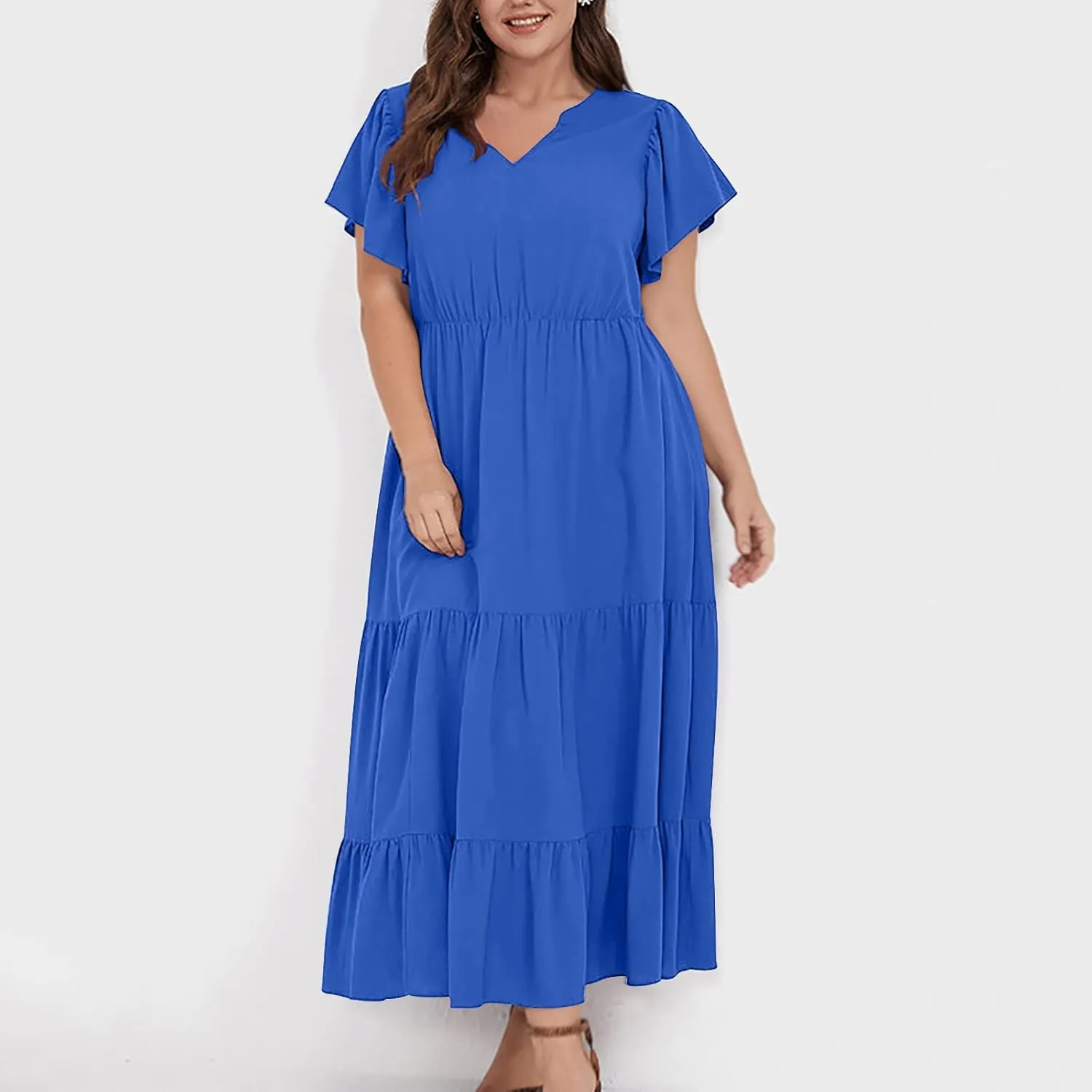 Summer Dresses for Women V Neck Ruffle Sleeve Casual Dress Beach Party Tropical Vacation Patchwork Maxi Sundress