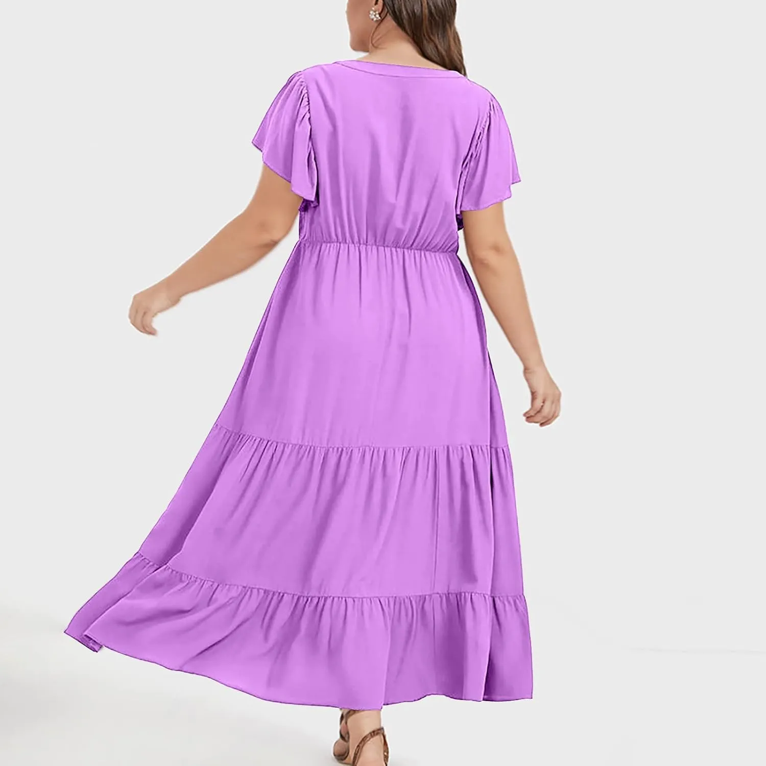 Summer Dresses for Women V Neck Ruffle Sleeve Casual Dress Beach Party Tropical Vacation Patchwork Maxi Sundress