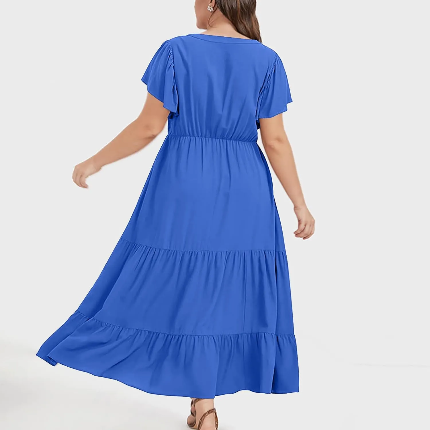 Summer Dresses for Women V Neck Ruffle Sleeve Casual Dress Beach Party Tropical Vacation Patchwork Maxi Sundress