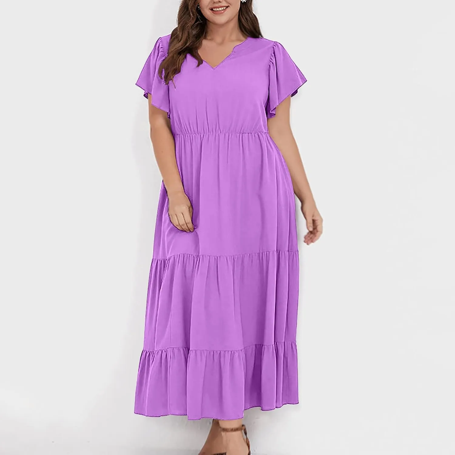Summer Dresses for Women V Neck Ruffle Sleeve Casual Dress Beach Party Tropical Vacation Patchwork Maxi Sundress