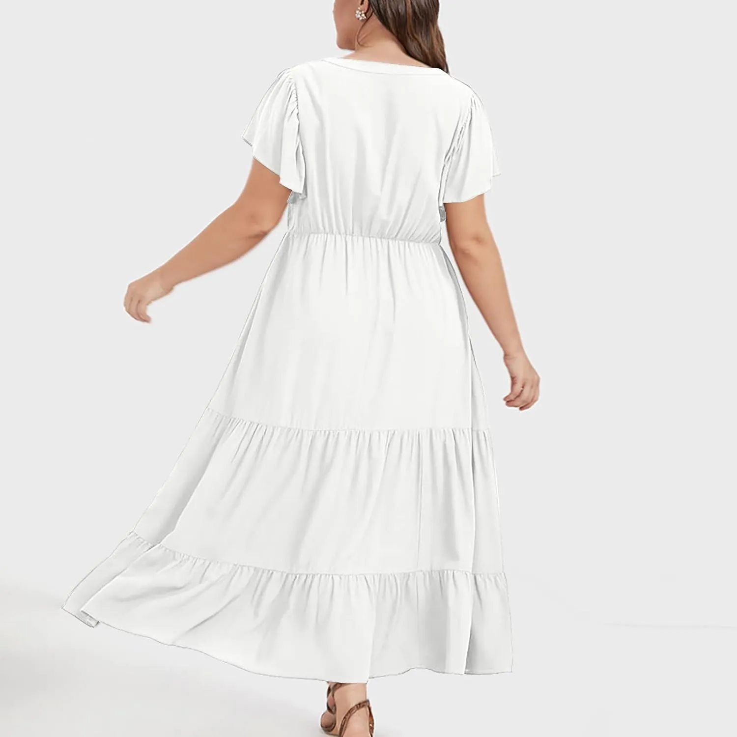 Summer Dresses for Women V Neck Ruffle Sleeve Casual Dress Beach Party Tropical Vacation Patchwork Maxi Sundress