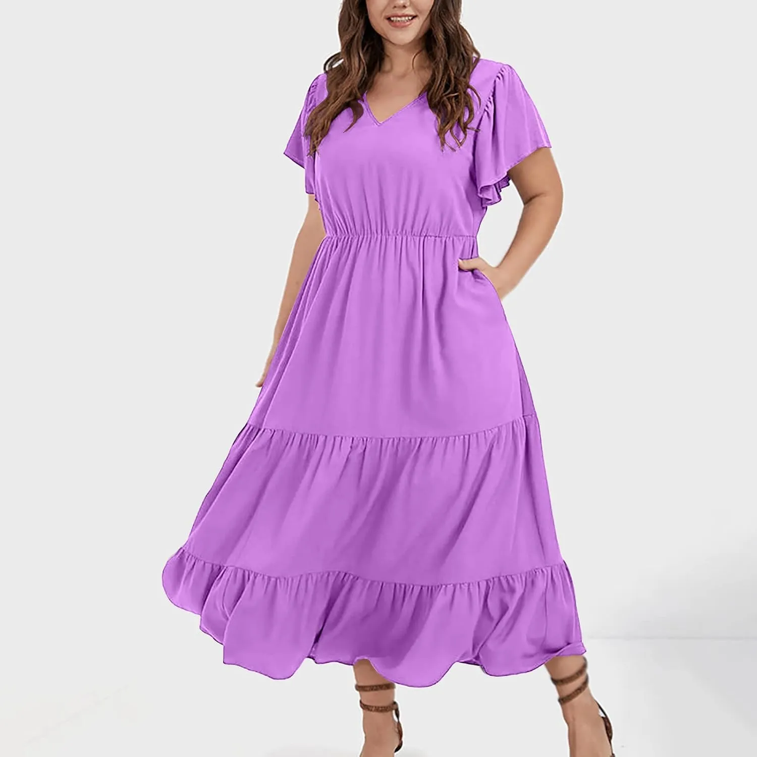 Summer Dresses for Women V Neck Ruffle Sleeve Casual Dress Beach Party Tropical Vacation Patchwork Maxi Sundress