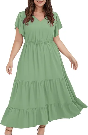 Summer Dresses for Women V Neck Ruffle Sleeve Casual Dress Beach Party Tropical Vacation Patchwork Maxi Sundress