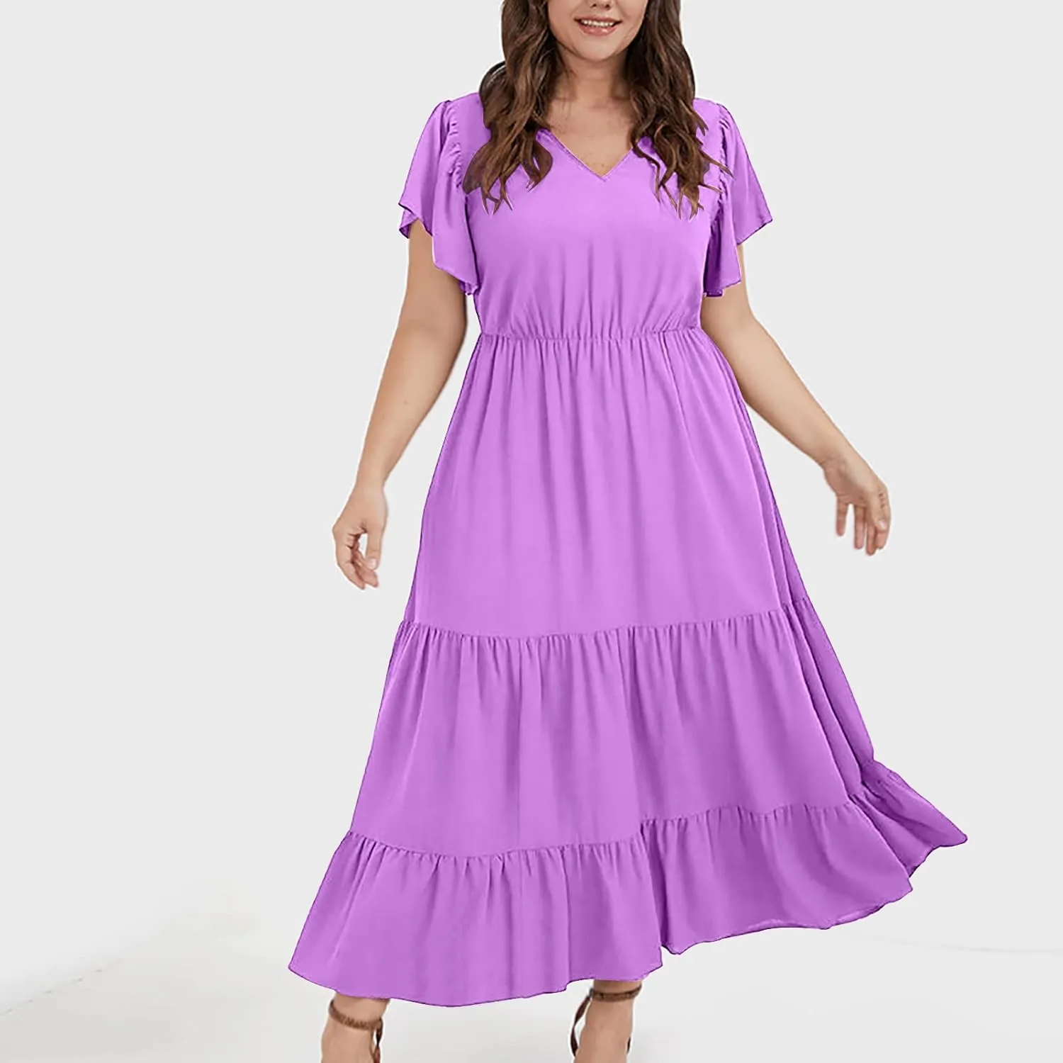 Summer Dresses for Women V Neck Ruffle Sleeve Casual Dress Beach Party Tropical Vacation Patchwork Maxi Sundress