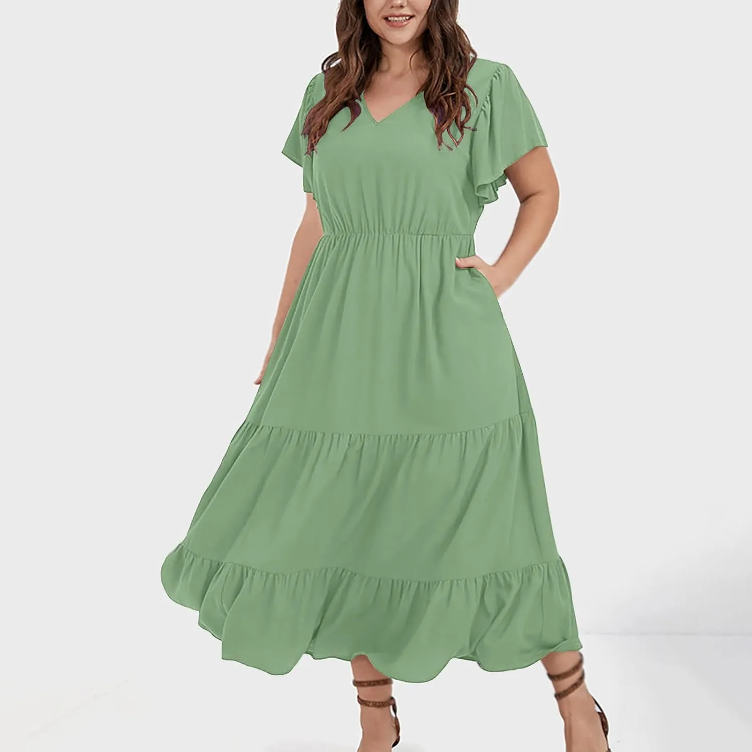 Summer Dresses for Women V Neck Ruffle Sleeve Casual Dress Beach Party Tropical Vacation Patchwork Maxi Sundress