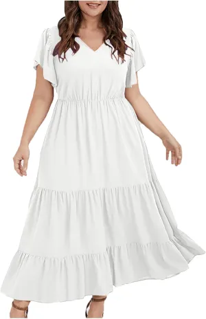 Summer Dresses for Women V Neck Ruffle Sleeve Casual Dress Beach Party Tropical Vacation Patchwork Maxi Sundress