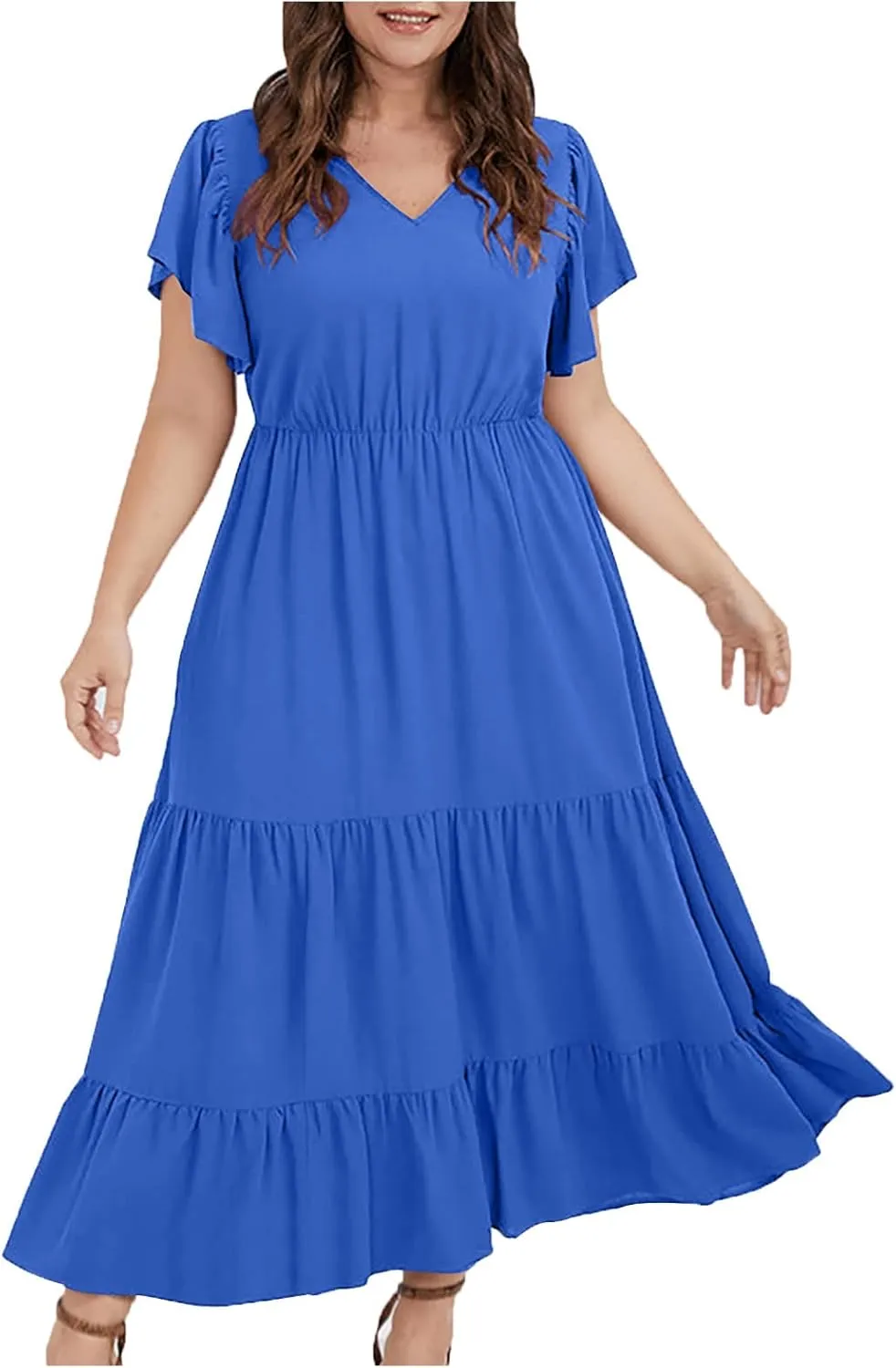 Summer Dresses for Women V Neck Ruffle Sleeve Casual Dress Beach Party Tropical Vacation Patchwork Maxi Sundress